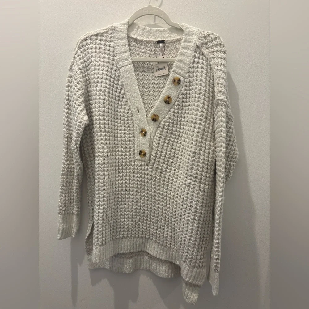 Free People White Women's Whistle Thermal Henley Sweater - Picture 1 of 2
